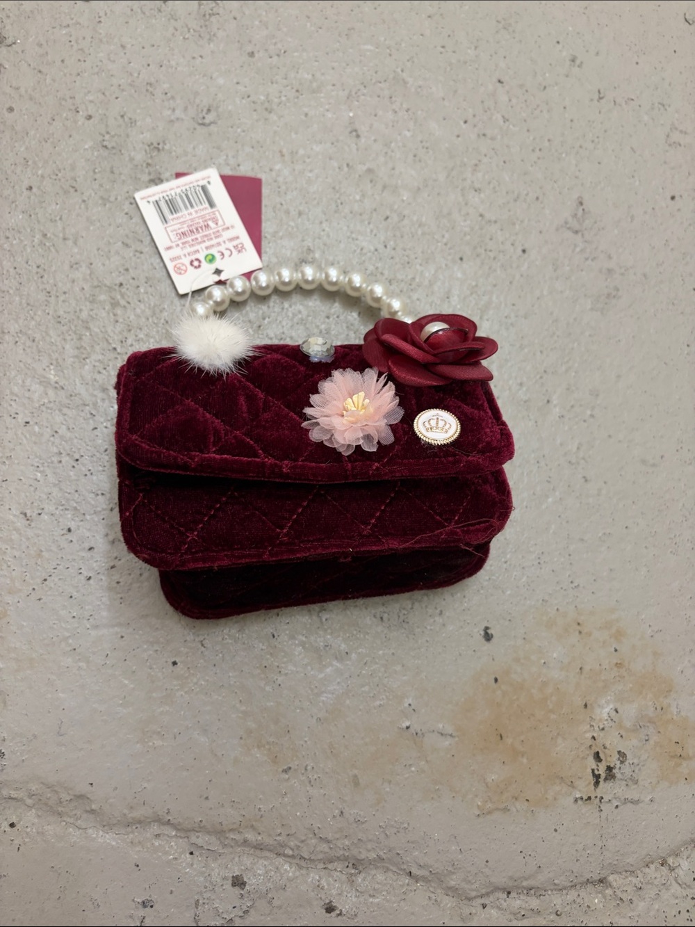 Velvet Pearl-Handle Burgundy Floral Crossbody Bag